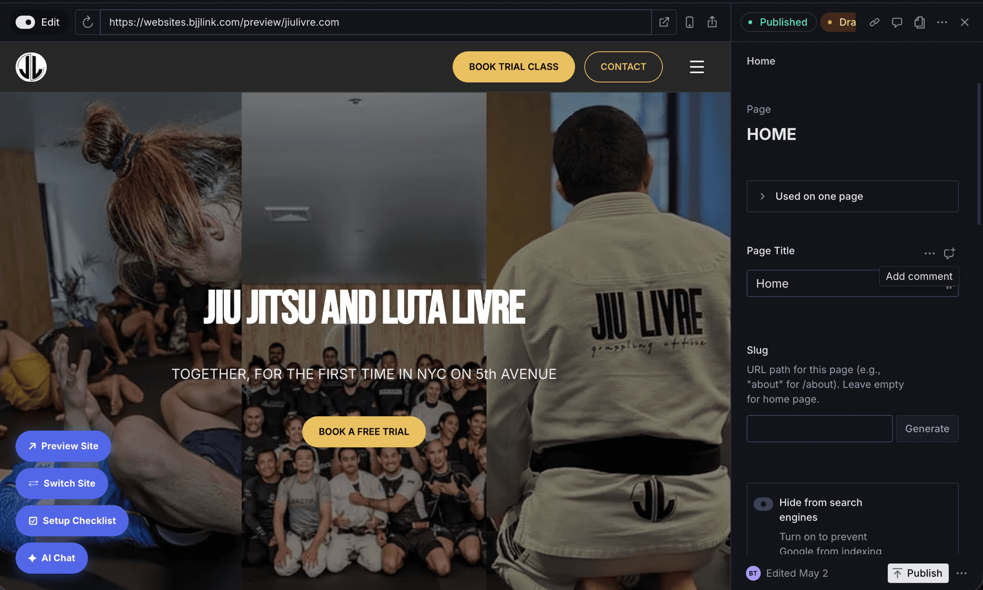BJJLINK Website Builder editing an academy website