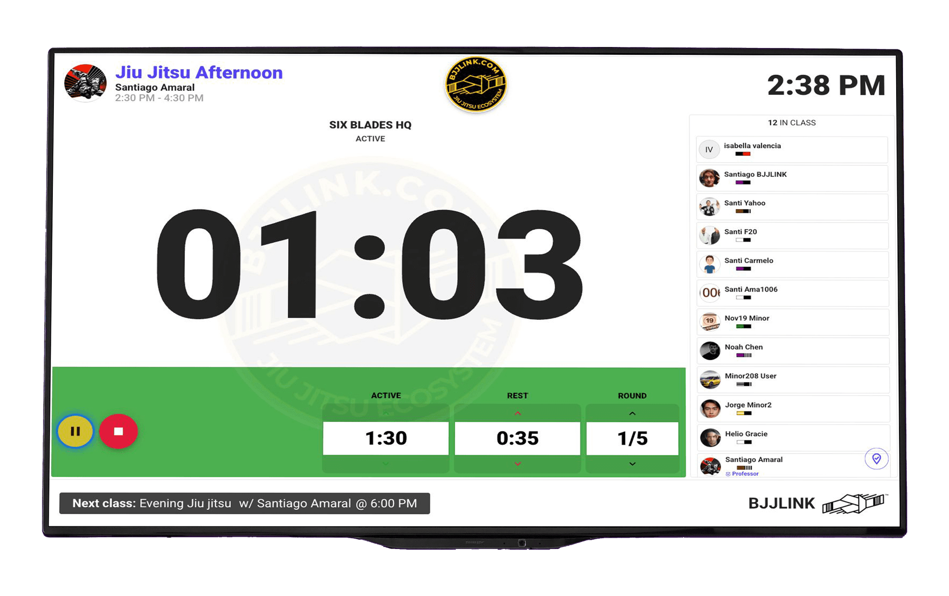 BJJLINK Intelligent Kiosk Widget showing live class timer and attendance